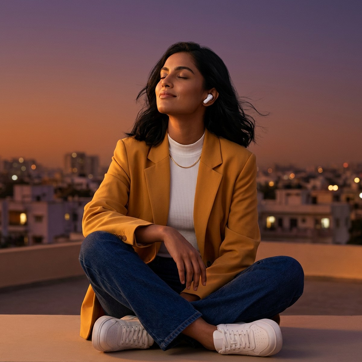 Woman in a mustard blazer wearing wireless earbuds at dusk