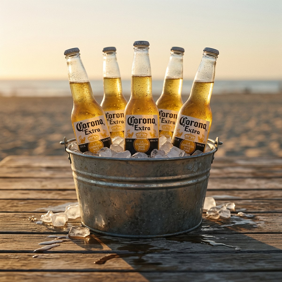 Chilled lager bottles in an ice bucket on the beach