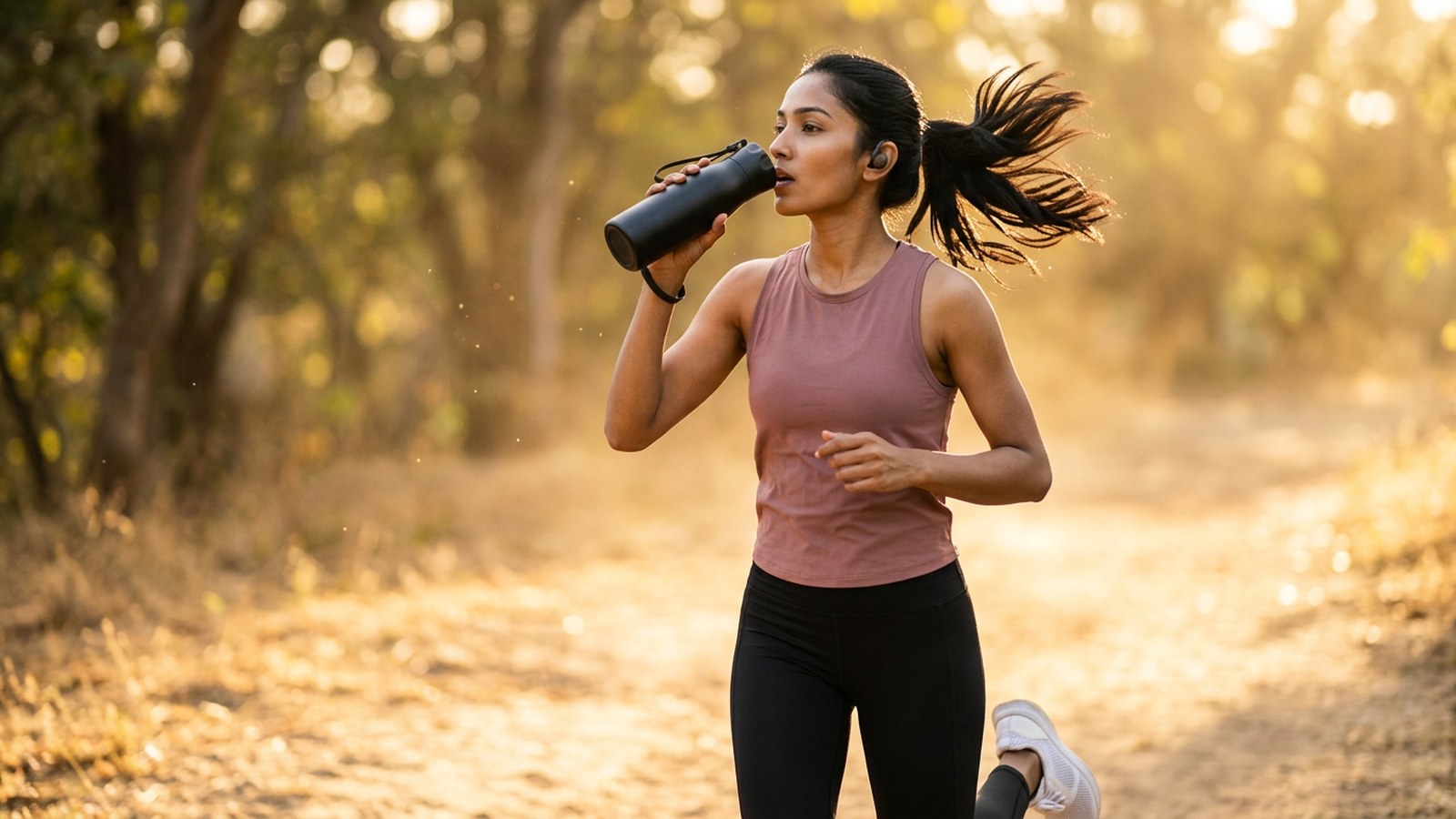 Runner pausing for a drink on an autumn trail