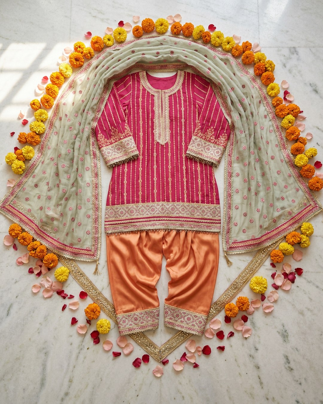 Festive kidswear set styled in a marigold flatlay