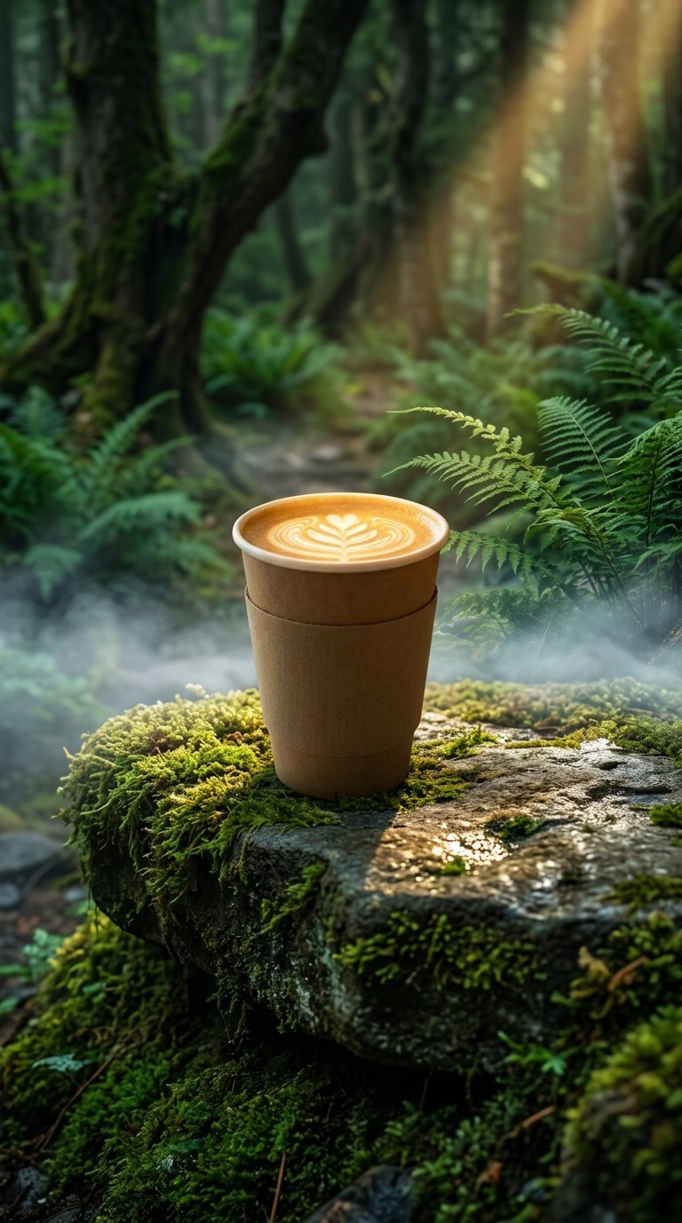 Latte with leaf art, steaming on a mossy rock