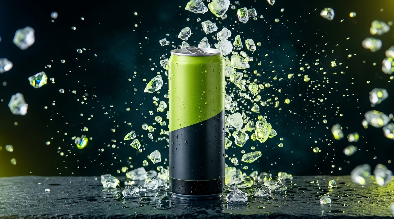 Lime energy drink can in an icy splash